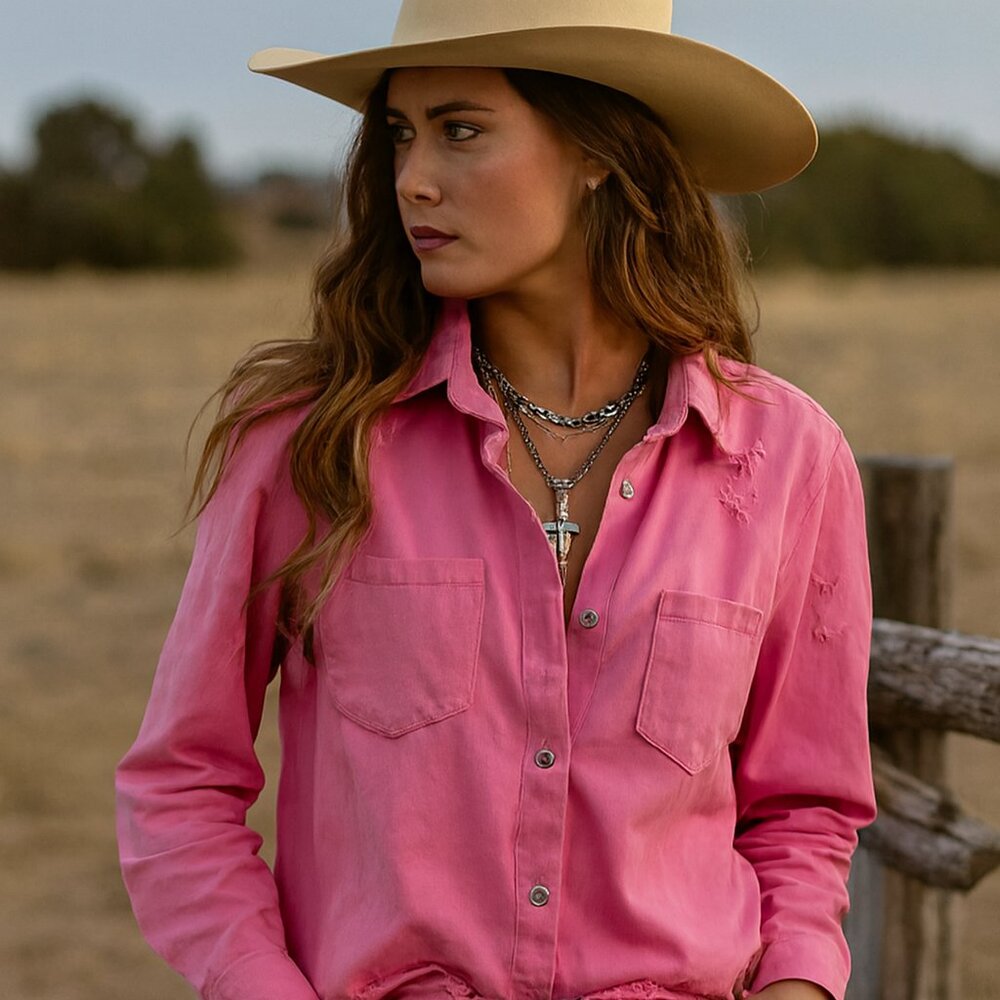 American Bazi VTG Women S Distressed Pink Button Up Long Sleeve Denim Jacket NWT